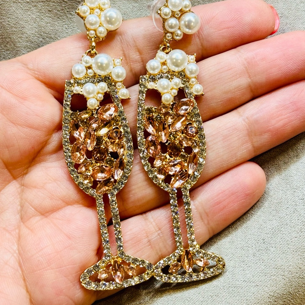 Elegant Gold and Pearl Champagne Glass Earrings